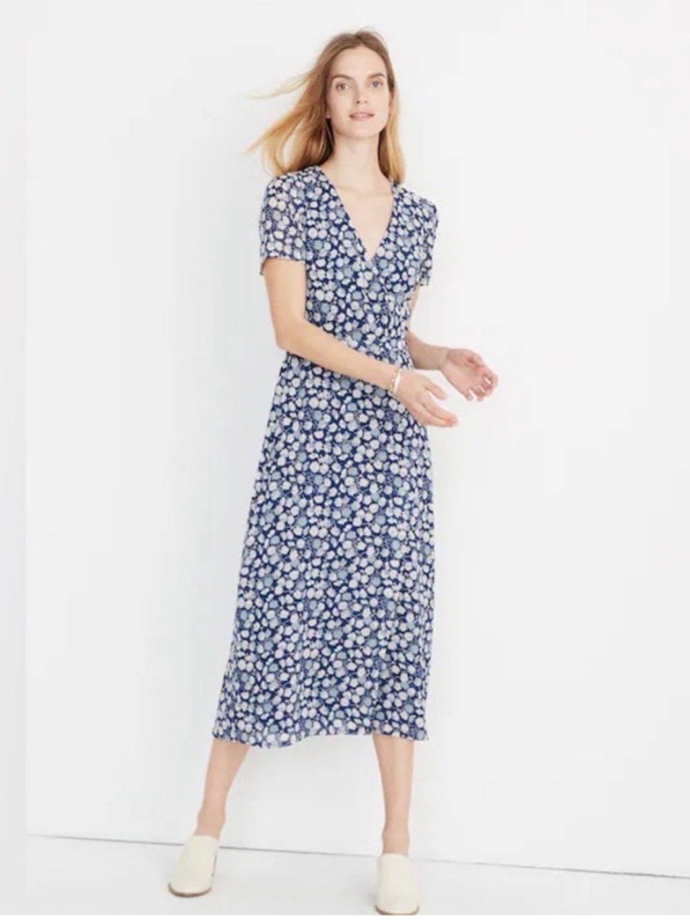 Madewell Wrap-Front Midi Dress French Floral Moon Blue White Size 12 V-Neck